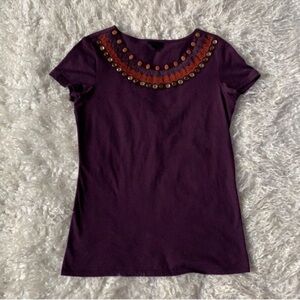 Anna Sui Purple Top/Tee/T shirt Sz S Embellished Crystals Embroidered Neckline